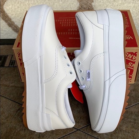 vans era stacked leather white platform shoes